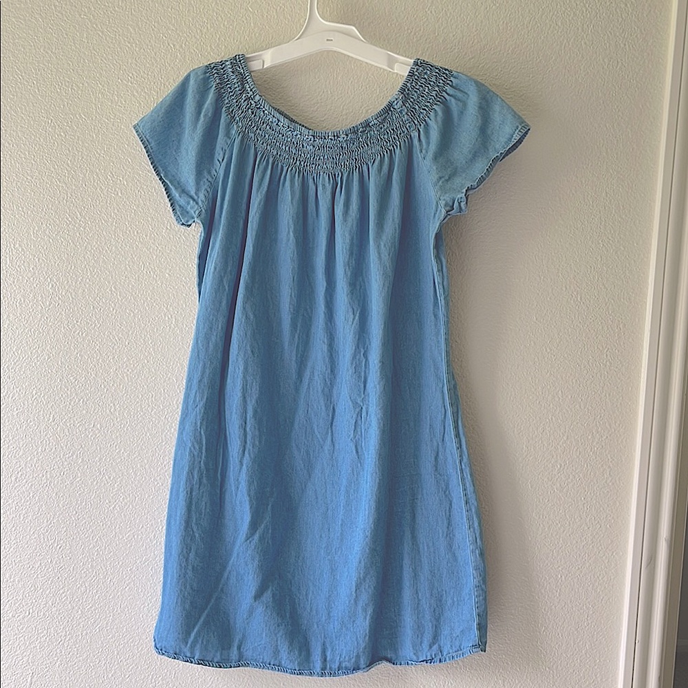 (3 for $19) Love Notes Blue and Gold denim Smocked Dress. Size M